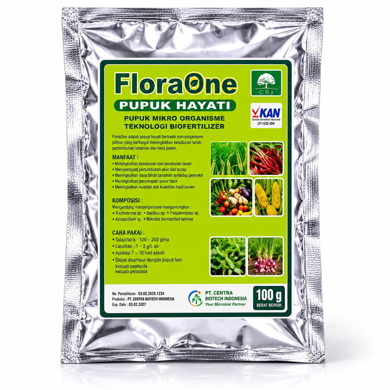 Kemasan pupuk hayati padat FloraOne serbuk